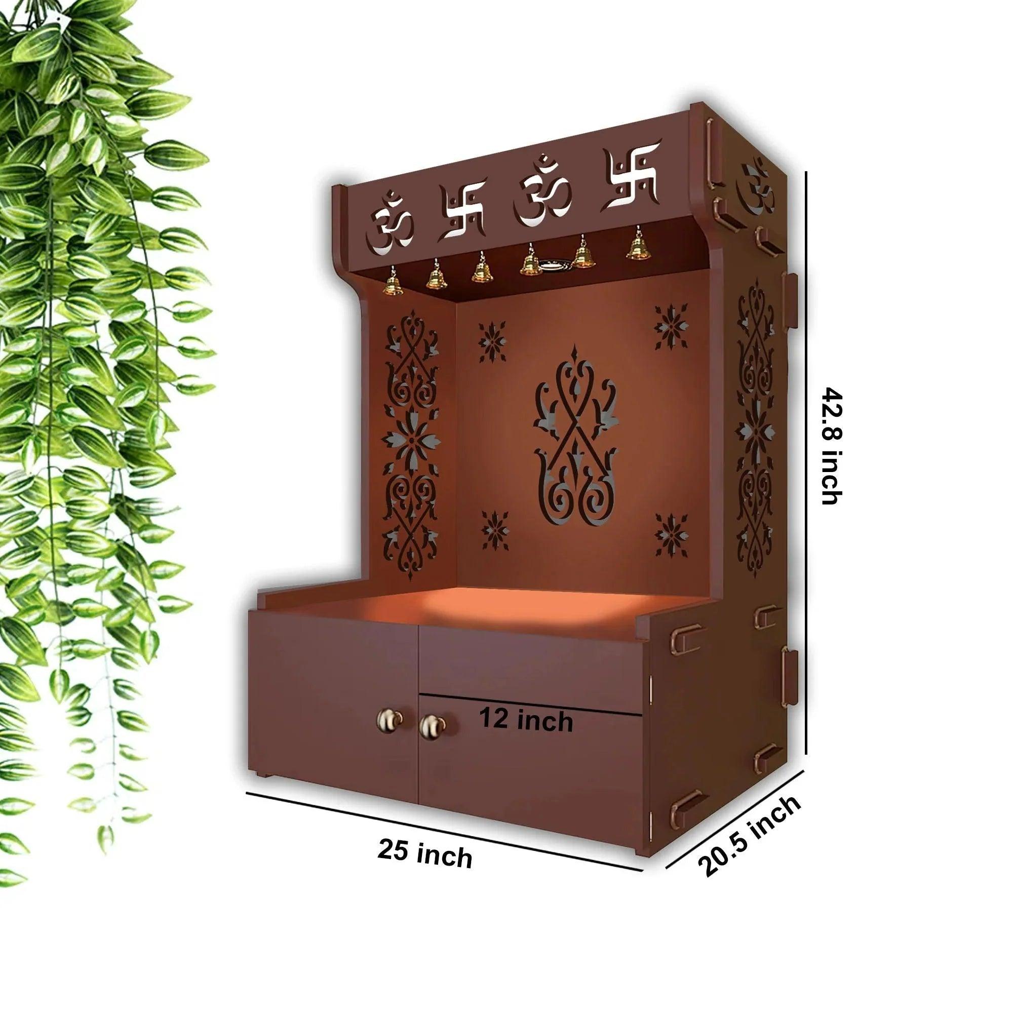 OM Swastika Symbol of Hindu Religious Floor Temple with Spacious Wooden Shelf & Inbuilt Focus Light - Brown Finish - Decor Smart