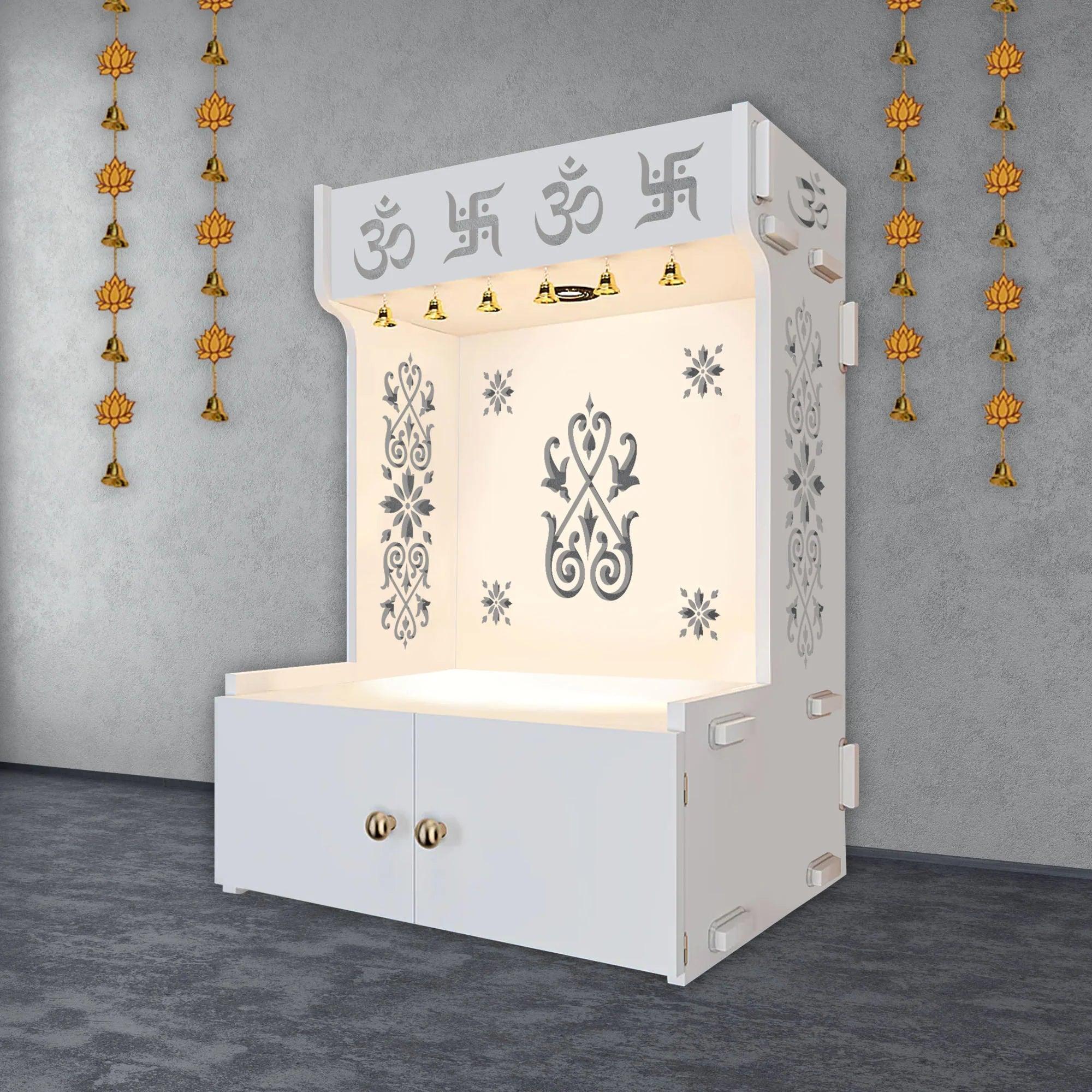 OM Swastika Symbol of Hindu Religious Floor Temple with Spacious Wooden Shelf & Inbuilt Focus Light - White Finish - Decor Smart