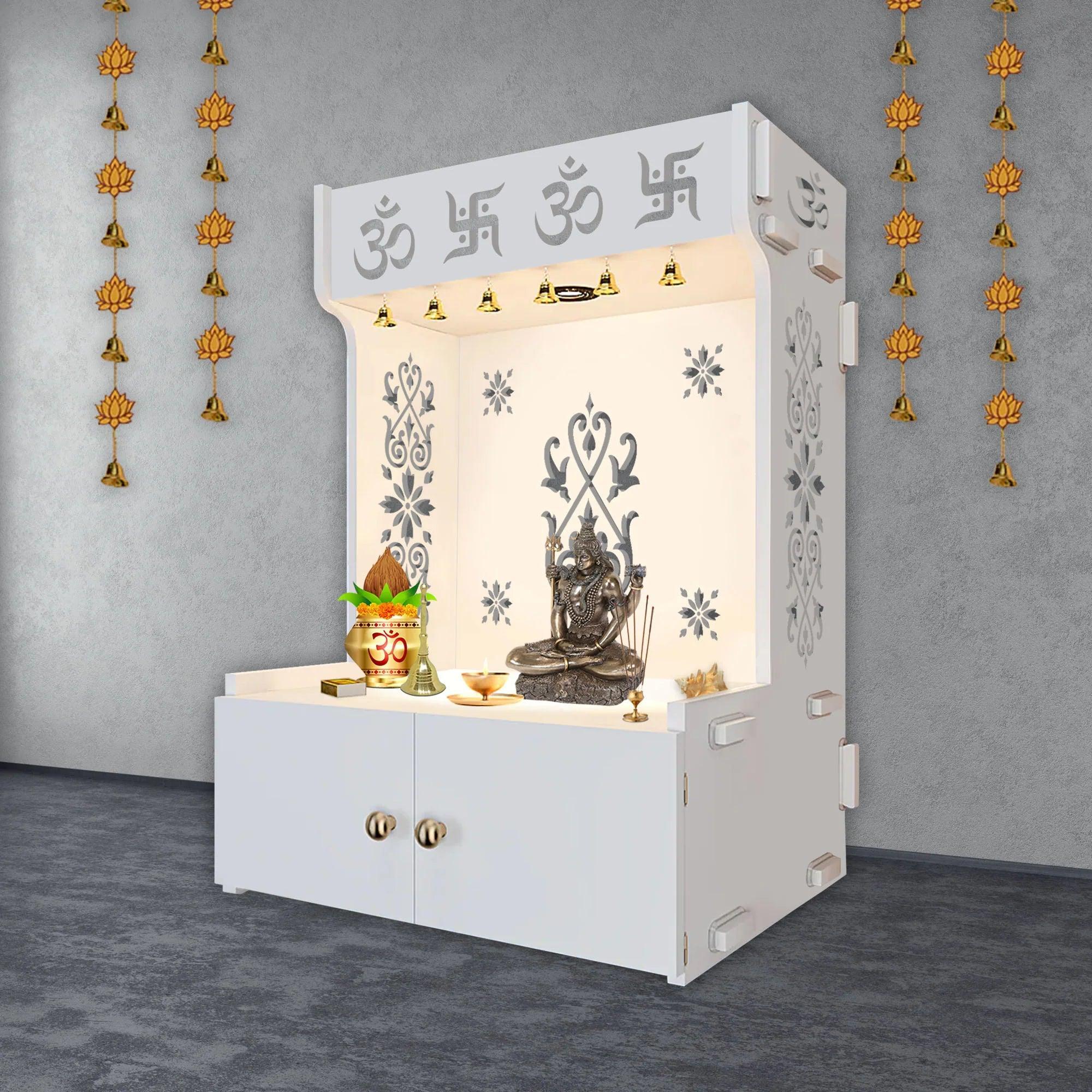 OM Swastika Symbol of Hindu Religious Floor Temple with Spacious Wooden Shelf & Inbuilt Focus Light - White Finish - Decor Smart