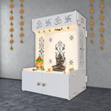OM Swastika Symbol of Hindu Religious Floor Temple with Spacious Wooden Shelf & Inbuilt Focus Light - White Finish - Decor Smart