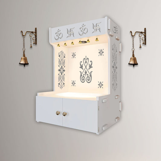OM Swastika Symbol of Hindu Religious White Wooden Wall Temple for Home With Inbuilt focus Lights & Spacious Shelf - Decor Smart