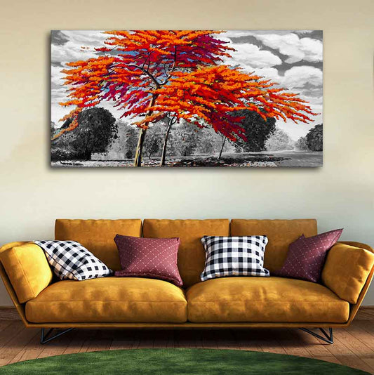 Orange Color Peacock Flowers Tree Premium Wall Painting - Decor Smart