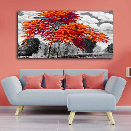 Orange Color Peacock Flowers Tree Premium Wall Painting - Decor Smart