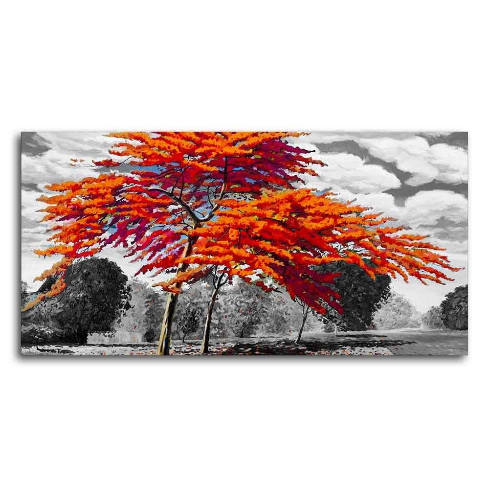 Orange Color Peacock Flowers Tree Premium Wall Painting - Decor Smart