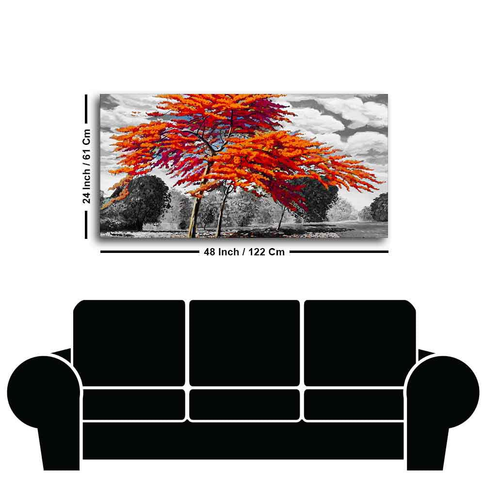 Orange Color Peacock Flowers Tree Premium Wall Painting - Decor Smart