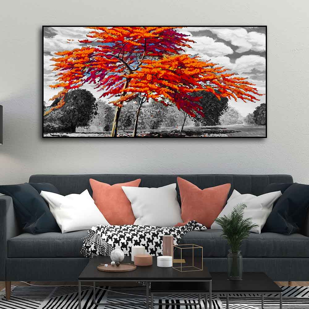 Orange Color Peacock Flowers Tree Premium Wall Painting - Decor Smart