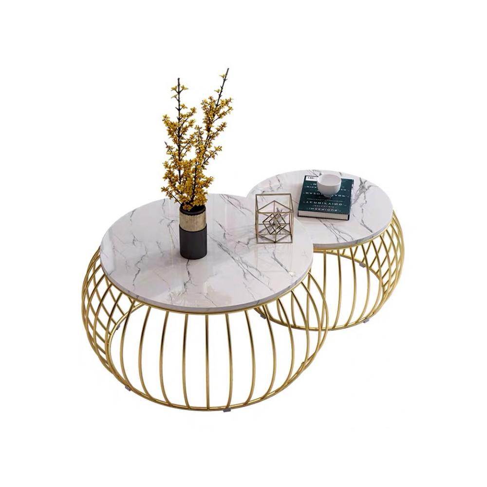 Ornate Rounded Metallic Marble Nested Coffee Table Set of 2 - Decor Smart