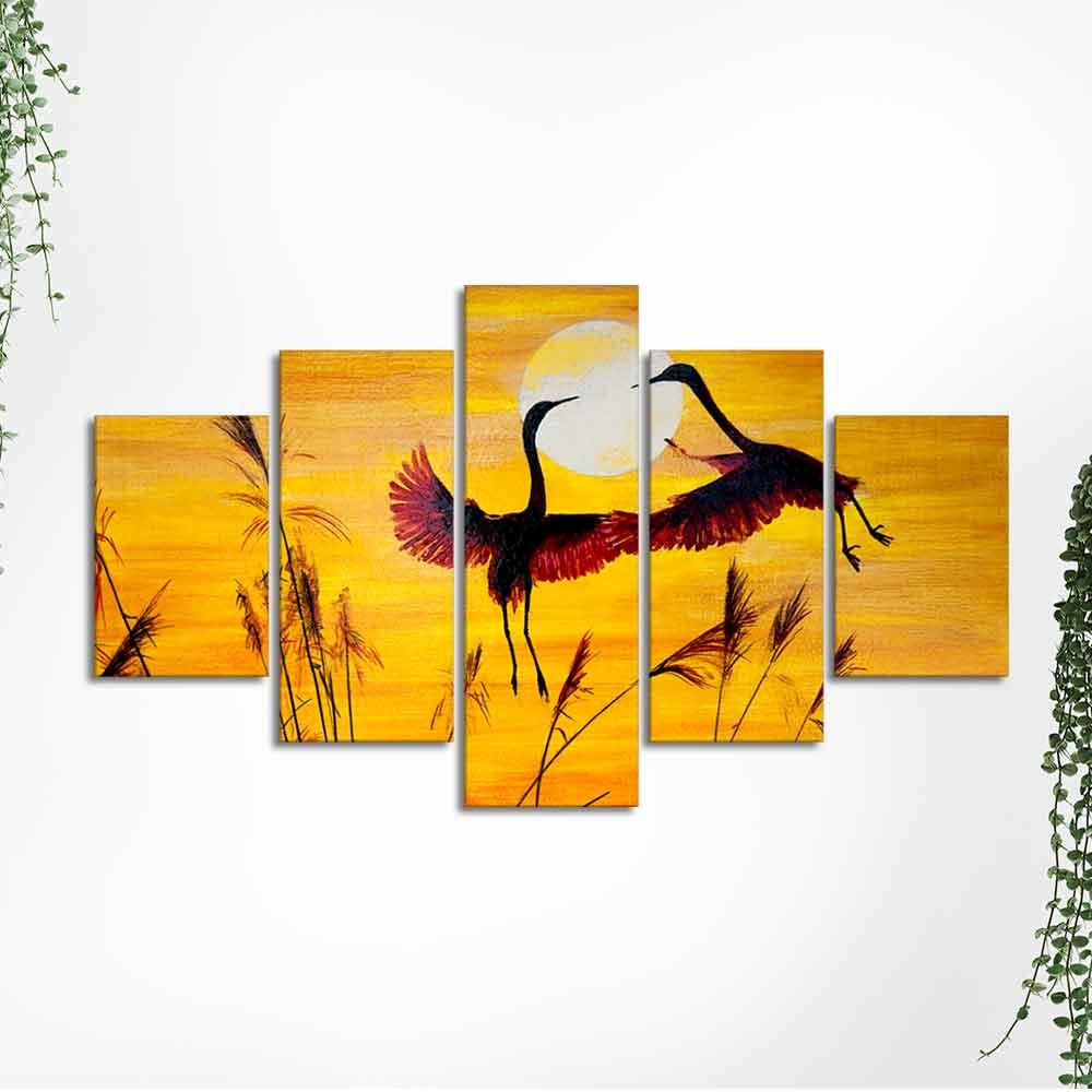 Pair of Cranes over an Autumn Field Canvas Bedroom Wall Painting - Decor Smart