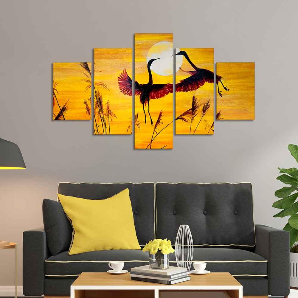 Pair of Cranes over an Autumn Field Canvas Bedroom Wall Painting - Decor Smart