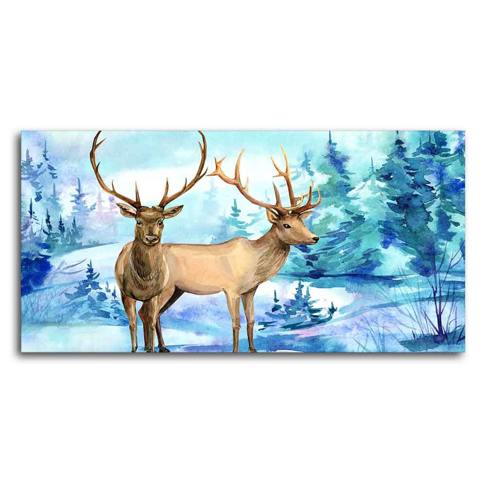Pair of Deer in Snow Covered Forest Wall Painting - Decor Smart