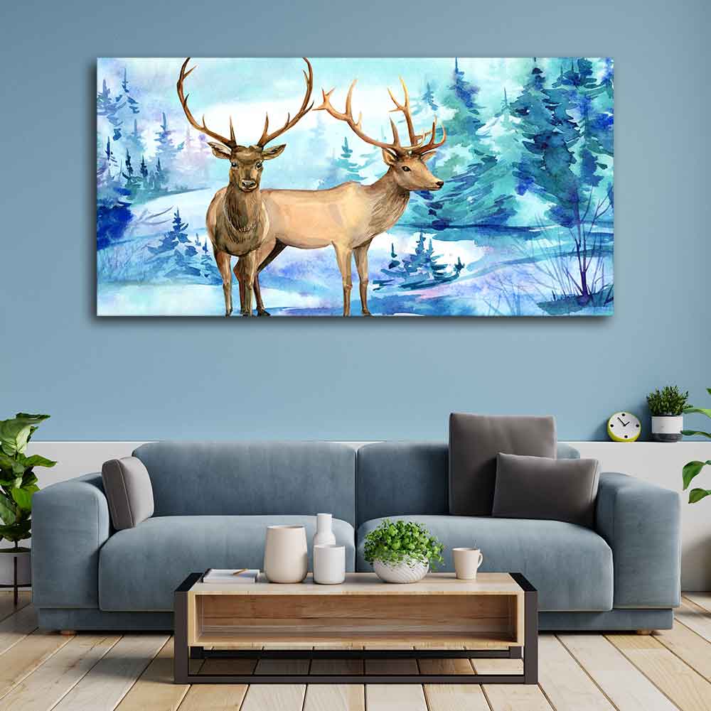 Pair of Deer in Snow Covered Forest Wall Painting - Decor Smart