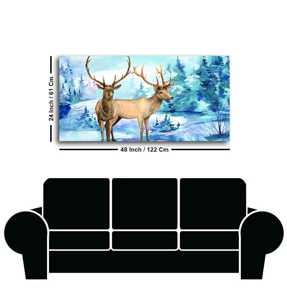 Pair of Deer in Snow Covered Forest Wall Painting - Decor Smart