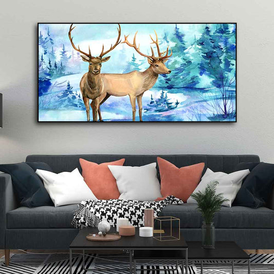 Pair of Deer in Snow Covered Forest Wall Painting - Decor Smart