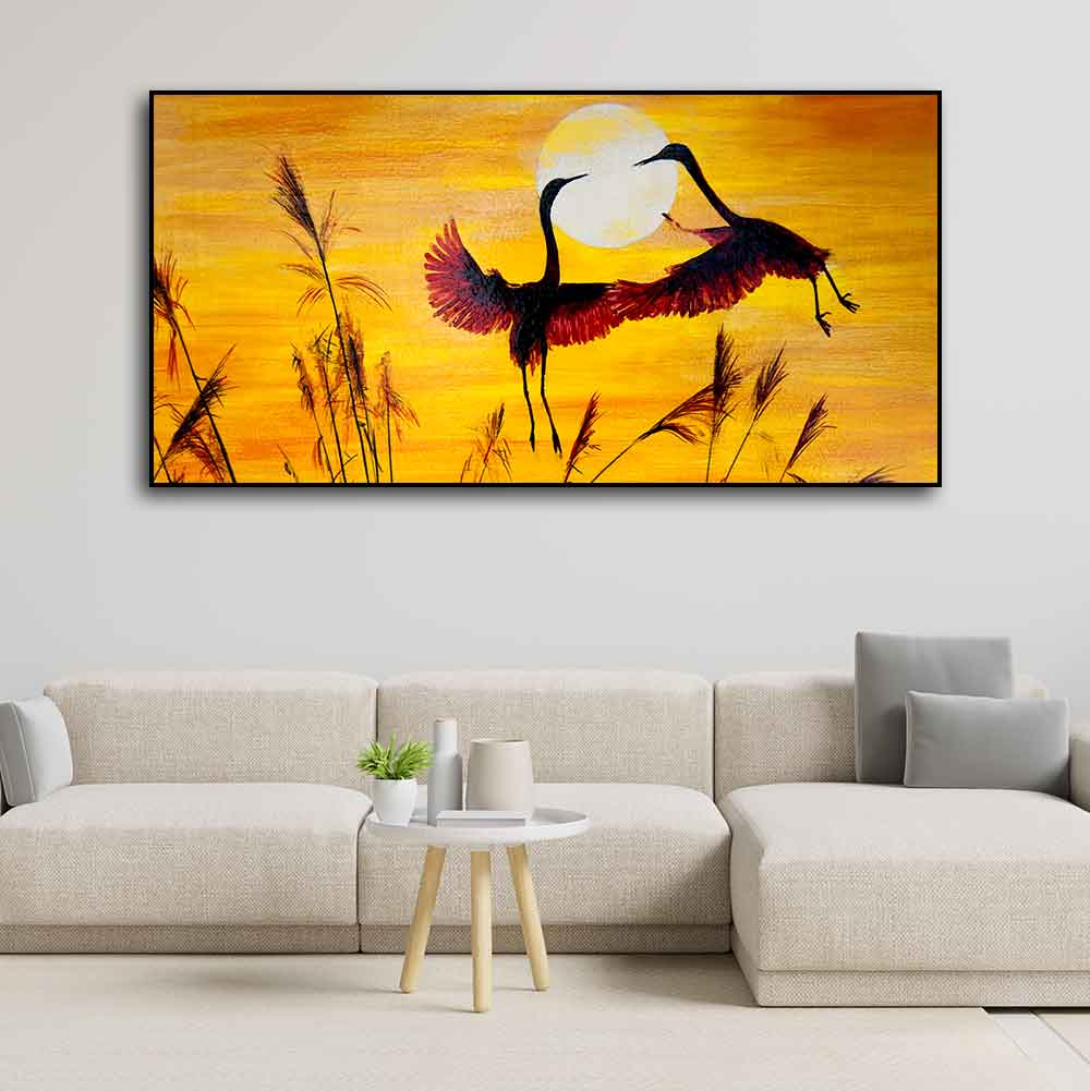 Pair of Flamingos Flying in Sunset Canvas Wall Painting - Decor Smart