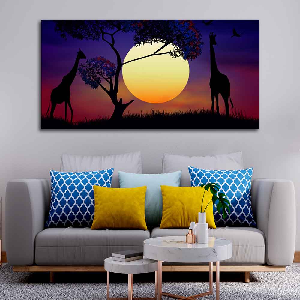 Pair of Giraffe at Night Canvas Wall Painting - Decor Smart