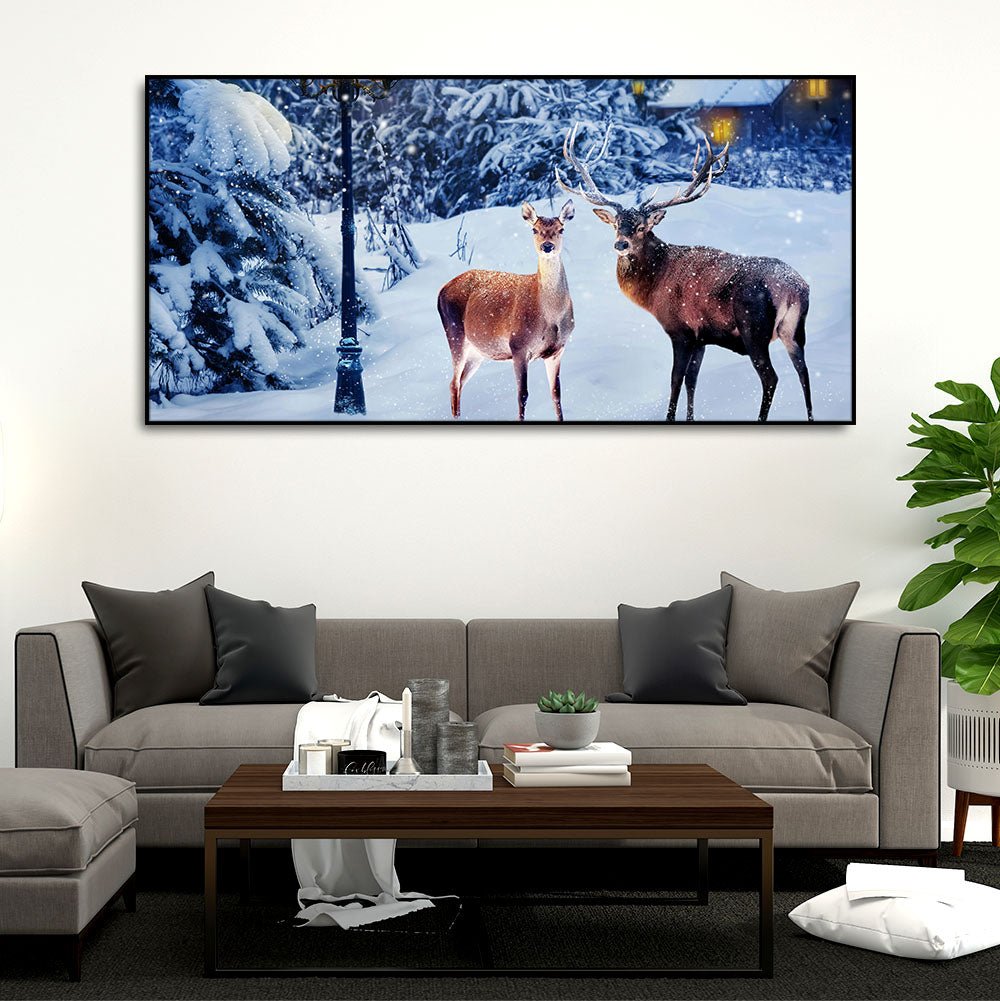 Pair of Red Deer in Snowy Forest Premium Wall Painting - Decor Smart