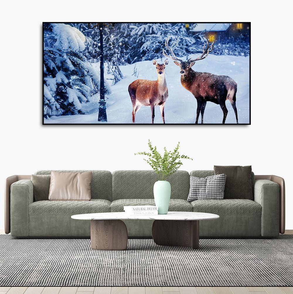 Pair of Red Deer in Snowy Forest Premium Wall Painting - Decor Smart