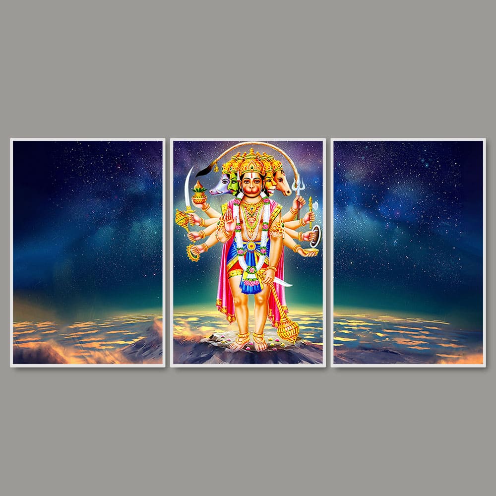 Panchmukhi Bajrangbali Scenery Floating Canvas Wall Painting Set of Three - Decor Smart