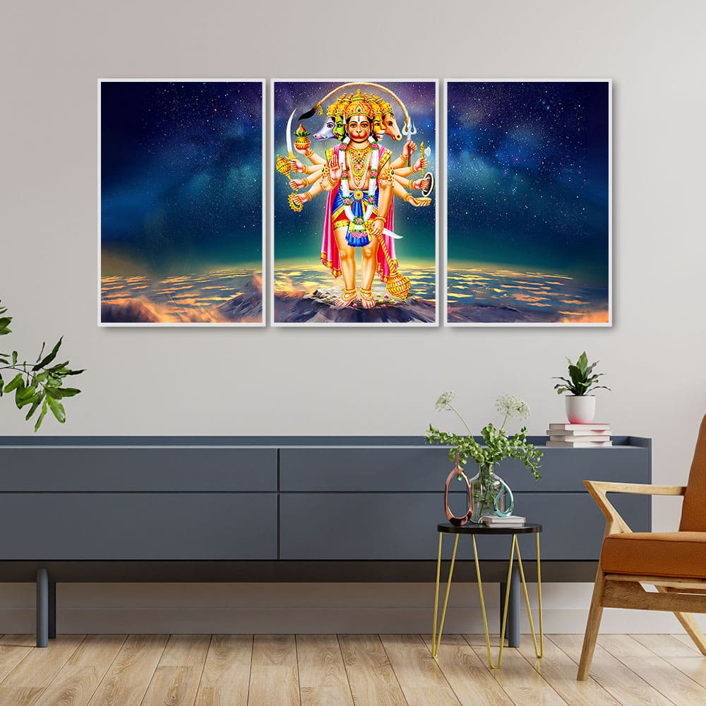 Panchmukhi Bajrangbali Scenery Floating Canvas Wall Painting Set of Three - Decor Smart