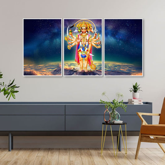 Panchmukhi Bajrangbali Scenery Floating Canvas Wall Painting Set of Three - Decor Smart