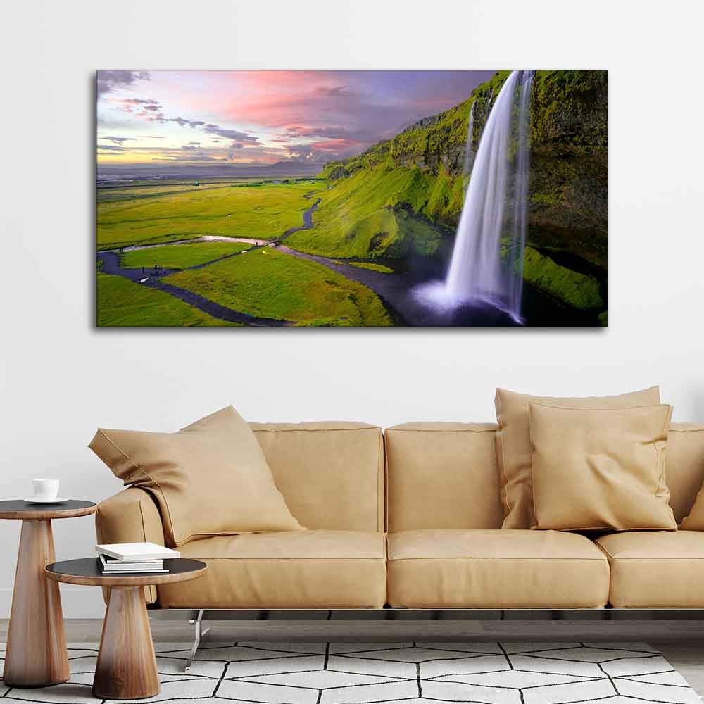 Panoramic Canvas Wall Painting of Unreal view of Waterfall at Sunset - Decor Smart