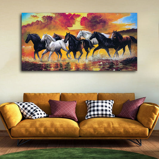 Panoramic Running Seven Horses Abstract Wall Painting - Decor Smart