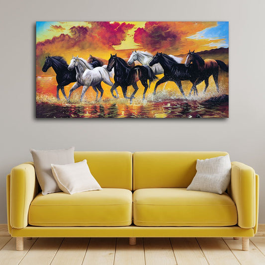 Panoramic Running Seven Horses Abstract Wall Painting - Decor Smart