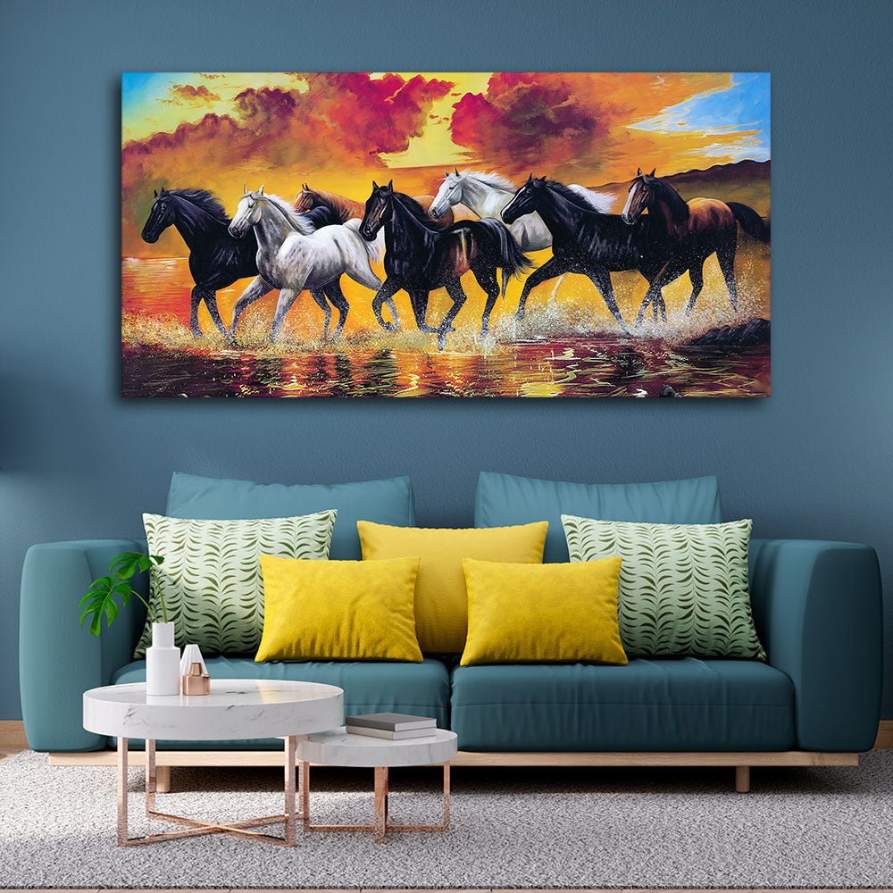 Panoramic Running Seven Horses Abstract Wall Painting - Decor Smart