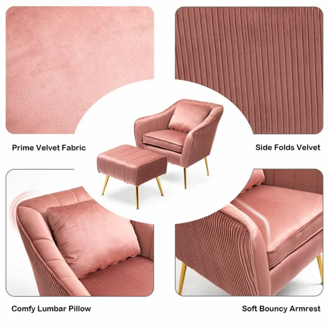 Peach Fluffy Super Comfy Luxury Velvet Accent Chair with Ottoman - Decor Smart