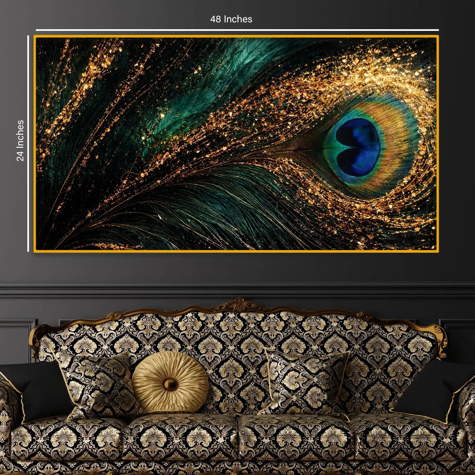 Peacock Feather Crystal Glass Wall Painting with Luxury Gold Detailing for Modern Home Decor