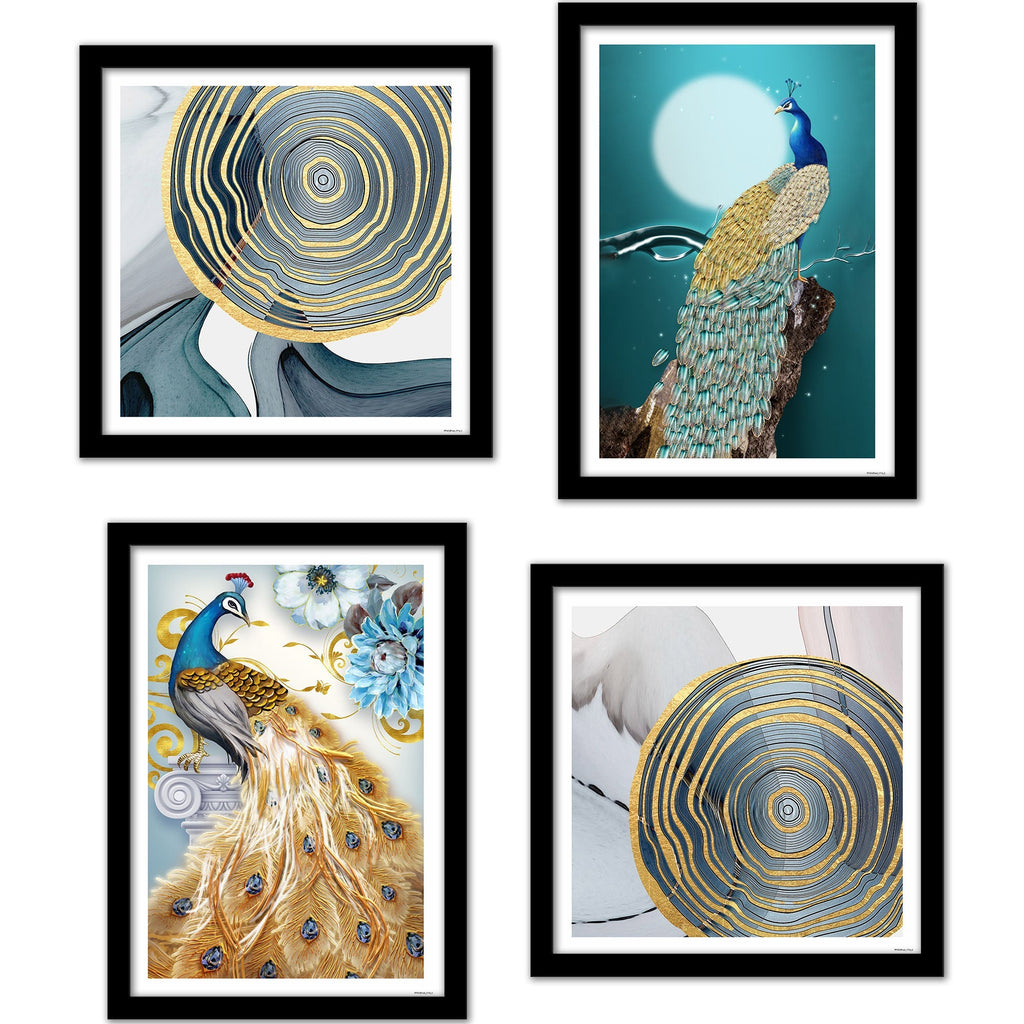 Peacock Golden Textured Feather Wall Frame Set of Four