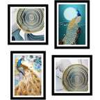 Peacock Golden Textured Feather Wall Frame Set of Four