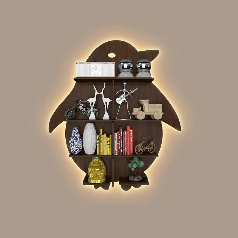 Penguin Backlit Designer Wooden Wall Shelf / Book Shelf / Night Light, Walnut Finish - Decor Smart