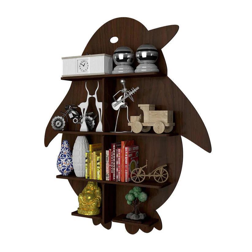 Penguin Backlit Designer Wooden Wall Shelf / Book Shelf / Night Light, Walnut Finish - Decor Smart