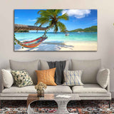 Perfect Beach with Palm Tree and Hammock Premium Canvas Wall Hanging - Decor Smart