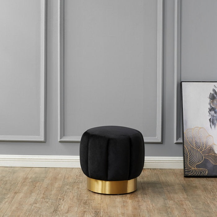 Plush Black Upholstered Ottoman with Gold Metal Base