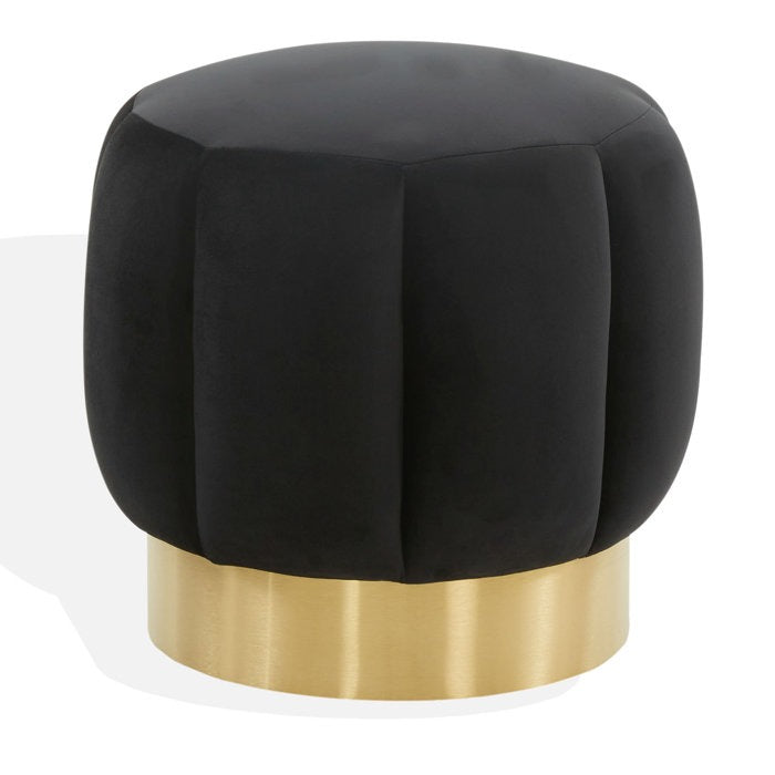 Plush Black Upholstered Ottoman with Gold Metal Base