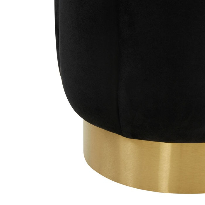Plush Black Upholstered Ottoman with Gold Metal Base
