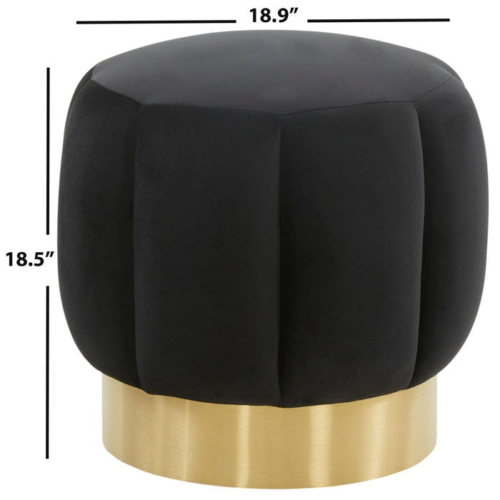 Plush Black Upholstered Ottoman with Gold Metal Base