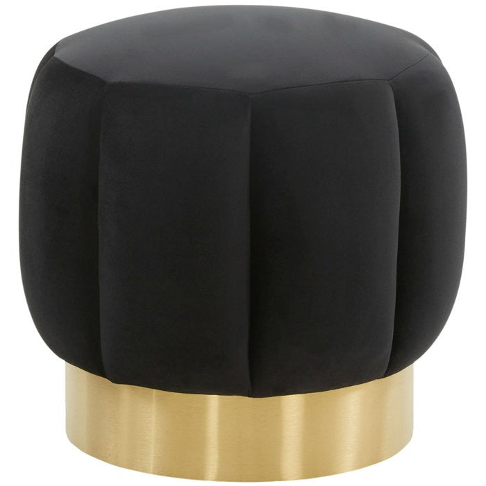 Plush Black Upholstered Ottoman with Gold Metal Base