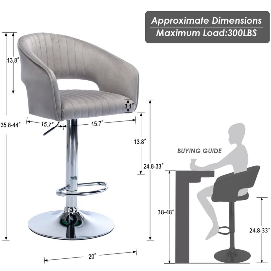 Plush Feel Grey Velvet Adjustable Bar Stool / Long Chair - Decor Smart
