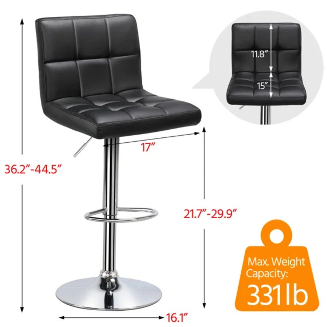 Plush Leatherette Black Bar Stool / Long Chair - Decor Smart