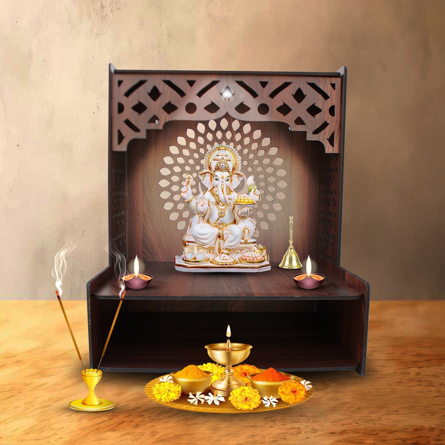 Portable Pooja Mandir for Home with Spacious Shelf & Inbuilt Focus Lights - Decor Smart