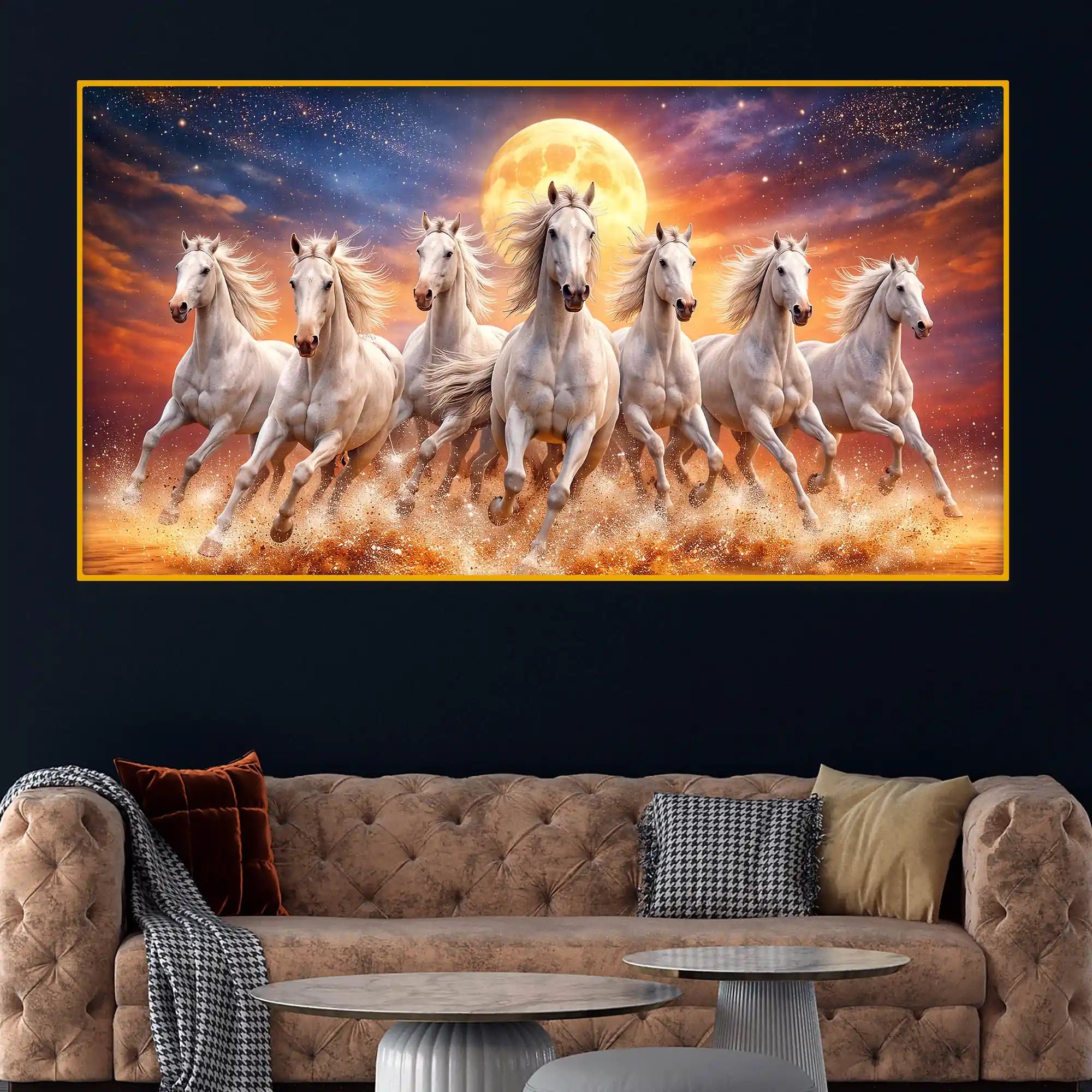 Powerful White Horses Sunset Scene Crystal Glass Wall Art Painting