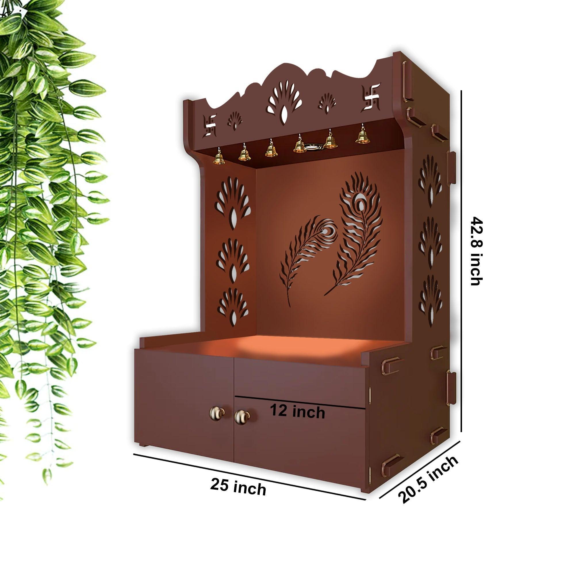 Premium Art of Mor Pankh Floor Temple with Spacious Wooden Shelf & Inbuilt Focus Light - Brown Finish - Decor Smart