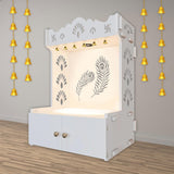 Premium Art of Mor Pankh Floor Temple with Spacious Wooden Shelf & Inbuilt Focus Light - White Finish - Decor Smart