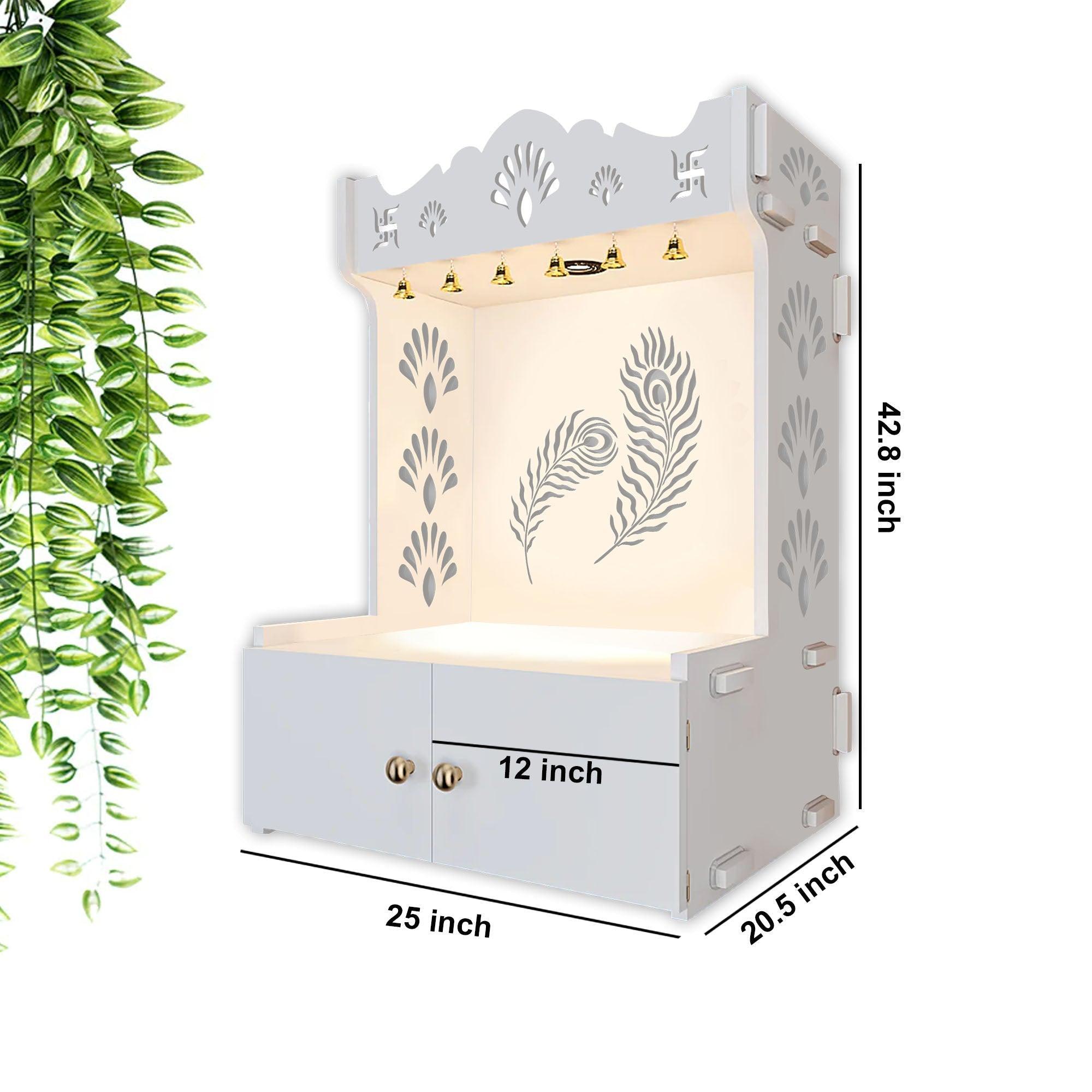 Premium Art of Mor Pankh Floor Temple with Spacious Wooden Shelf & Inbuilt Focus Light - White Finish - Decor Smart