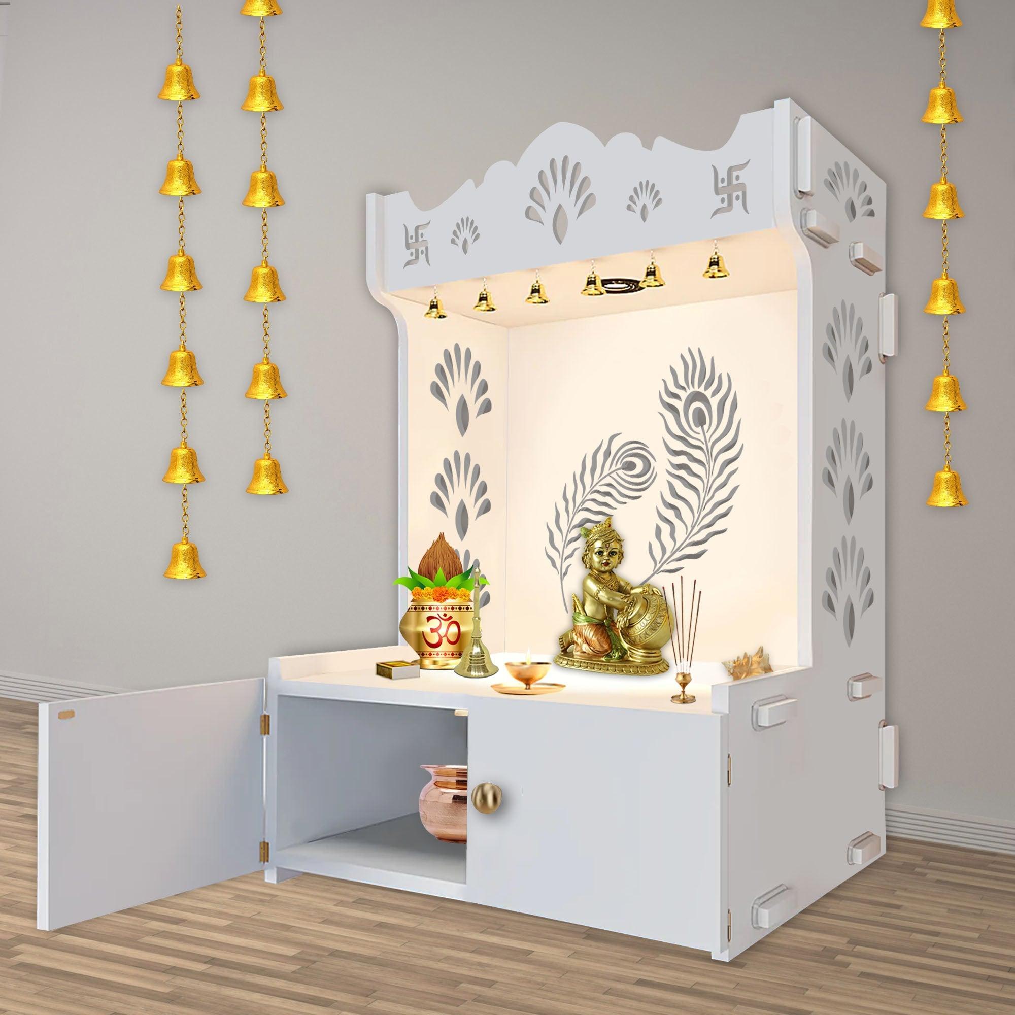 Premium Art of Mor Pankh Floor Temple with Spacious Wooden Shelf & Inbuilt Focus Light - White Finish - Decor Smart
