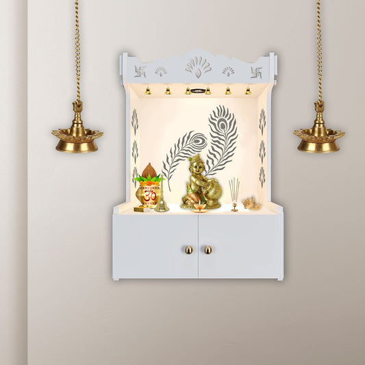 Premium Art of Mor Pankh White Wooden Temple for Home with Inbuilt Focus Light & Spacious Shelf - Decor Smart