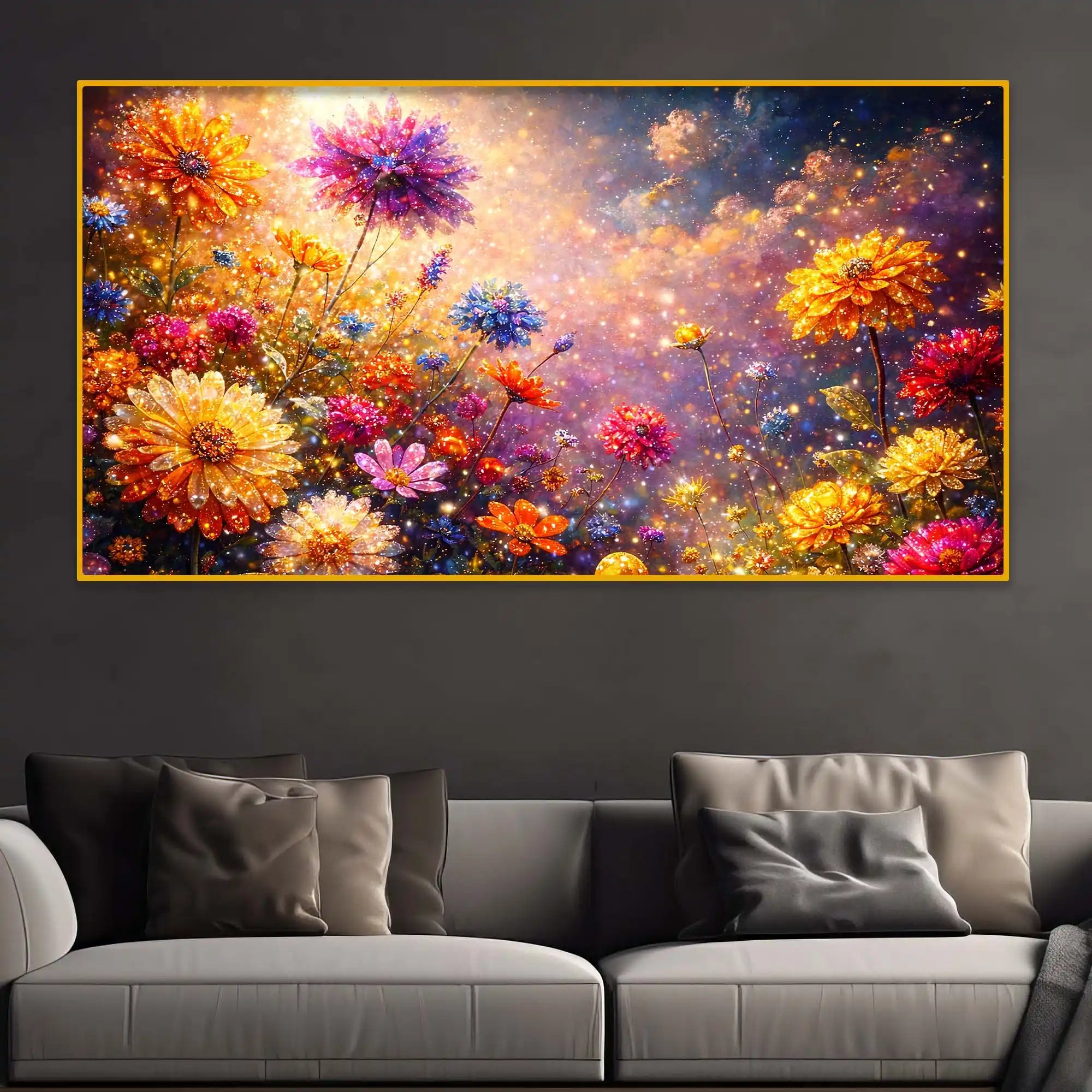 Premium Artistic Colorful Flowers Crystal Glass Wall Painting for Stylish Living Room Décor